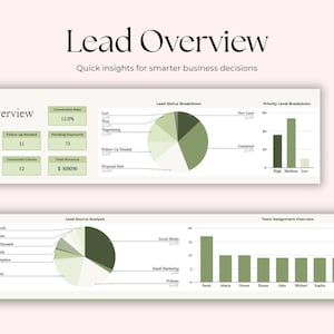 Op de afbeelding: Een zakelijk dashboard met de titel "Lead Overview" met grafieken en diagrammen. Het dashboard bevat gegevens over leads, conversiepercentages en inkomsten. Het kleurenschema is voornamelijk groen en wit, met een roze achtergrond.