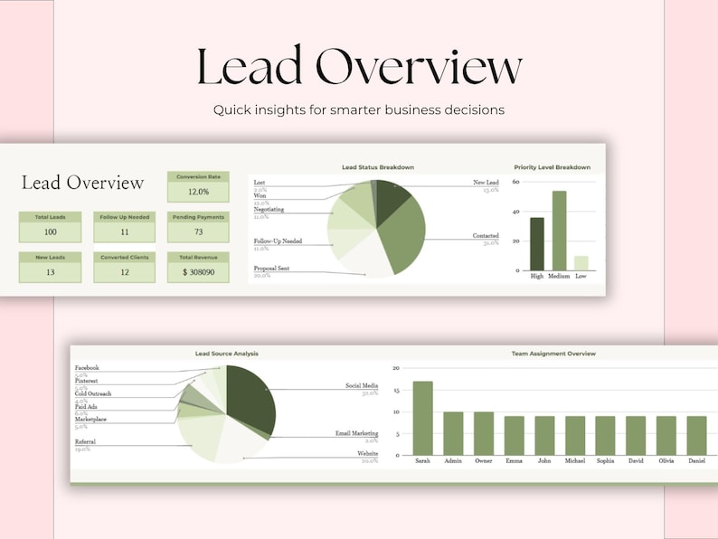 Op de afbeelding: Een zakelijk dashboard met de titel "Lead Overview" met grafieken en diagrammen. Het dashboard bevat gegevens over leads, conversiepercentages en inkomsten. Het kleurenschema is voornamelijk groen en wit, met een roze achtergrond.