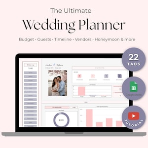 Puede incluir: Una pantalla de portátil que muestra una plantilla de planificador de bodas. La pantalla muestra una foto de una pareja, gráficos y el texto "The Ultimate Wedding Planner". El texto adicional incluye "Presupuesto, Invitados, Cronograma, Proveedores, Luna de miel y más".