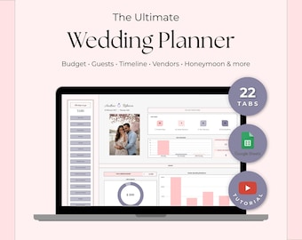Planificador de bodas, hoja de cálculo de Google Sheets, seguimiento del presupuesto de la boda, lista de invitados, asientos, proveedores, cronograma, organizador de luna de miel, planificador digital