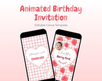 Invitación animada editable para primer cumpleaños / Invitación para primer cumpleaños con diseño de bayas / Plantilla Canva / Invitación digital para primer cumpleaños con diseño de fresa