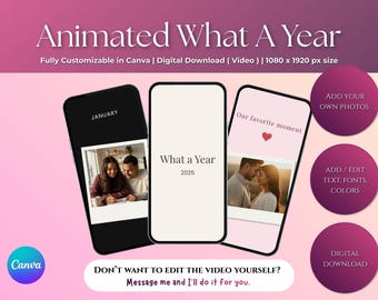 Plantilla animada editable de Canva "Qué año" para parejas, resumen fotográfico de 12 meses, video, revisión del año, aniversario y regalo digital de San Valentín.
