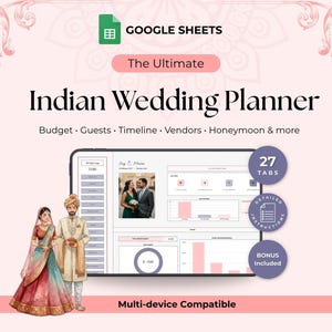 Indian Wedding Planner Spreadsheet Google Sheets – Desi, Hindu Wedding Budget, Guest List, Vendors, Timeline & Honeymoon Organizer Digital