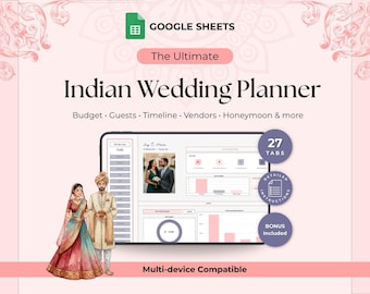 Hoja de cálculo de Google Sheets para planificar bodas indias: presupuesto para bodas hindúes y desi, lista de invitados, proveedores, cronograma y organizador digital de lunas de miel.