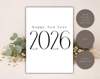 Tarjeta de Año Nuevo imprimible, diseño minimalista, 5x7, plana y plegable, sencilla, elegante, moderna, tarjeta de felicitación de Año Nuevo, descarga digital instantánea.