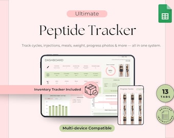 Peptidetracker-spreadsheet Google Spreadsheets | Gewichtsverlies, injectie, dosering, cyclusplanner, inventaris, calorieën, macro- en lichaamsmetingen