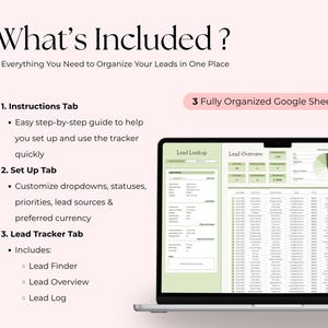 Op de afbeelding: Een digitale marketingresource getiteld "Wat is inbegrepen?" met een laptop waarop een spreadsheet wordt weergegeven. De afbeelding benadrukt functies zoals instructies, instellingen en een lead tracker-tabblad. De tekst vermeldt ook "3 volledig georganiseerde Google Sheets Tabs".