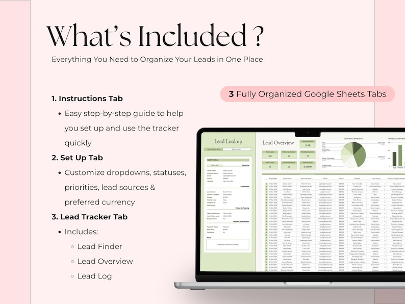 Op de afbeelding: Een digitale marketingresource getiteld "Wat is inbegrepen?" met een laptop waarop een spreadsheet wordt weergegeven. De afbeelding benadrukt functies zoals instructies, instellingen en een lead tracker-tabblad. De tekst vermeldt ook "3 volledig georganiseerde Google Sheets Tabs".
