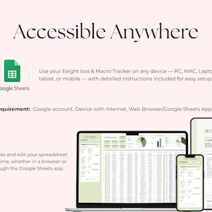 Op de afbeelding: Afbeelding van een spreadsheet op een laptop, tablet en telefoon. De tekst luidt "Accessible Anywhere" en beschrijft het gebruik van een gewichtsverlies- en macrotracker op verschillende apparaten. Het Google Sheets-logo is zichtbaar.