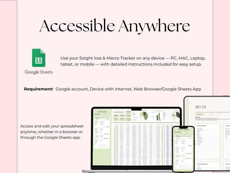 Op de afbeelding: Afbeelding van een spreadsheet op een laptop, tablet en telefoon. De tekst luidt "Accessible Anywhere" en beschrijft het gebruik van een gewichtsverlies- en macrotracker op verschillende apparaten. Het Google Sheets-logo is zichtbaar.