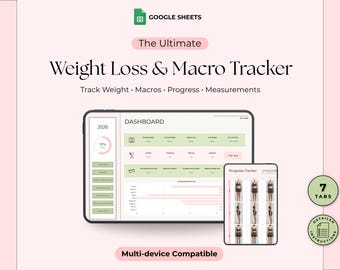 Weight Loss Tracker Spreadsheet Google Sheets | Macro, Calorie & Protein Tracker, Fitness Planner, Body Measurement and Progress Log,
