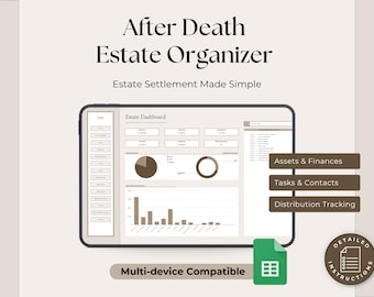 Plantilla de hoja de cálculo para la organización patrimonial tras el fallecimiento, lista de verificación del albacea, plantilla de planificación patrimonial, seguimiento de activos y deudas, gestión patrimonial digital para sucesiones.