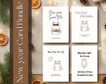 Paquete de 4 tarjetas de felicitación digitales de Año Nuevo para imprimir y descargar al instante para amigos, familiares y compañeros de trabajo. Tarjeta con temática de gato.