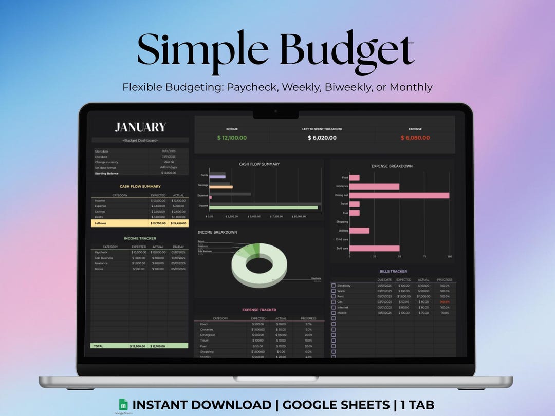 Simple Budget Planner Google Sheets Spreadsheet Monthly Biweekly Weekly ...