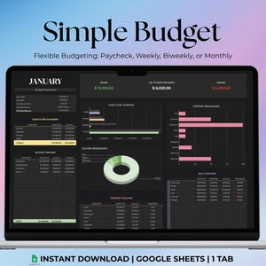 May include: A laptop screen displays a "Simple Budget" spreadsheet template. The screen shows financial data, charts, and graphs, with the word "January" at the top. The background is a gradient of blue, purple, and pink.