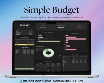 Planificador de presupuesto simple Hojas de cálculo de Google Mensual Quincenal Semanal Cheque de pago Rastreador de gastos Finanzas Plantilla digital Planificador en modo oscuro