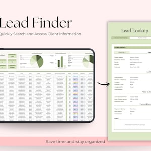 Op de afbeelding: Een digitale marketingtool, "Lead Finder", wordt weergegeven op een tablet en een apart document. De tablet toont een spreadsheet met datavisualisaties. Het document aan de rechterkant toont klantgegevens. De tekst luidt "Bespaar tijd en blijf georganiseerd."