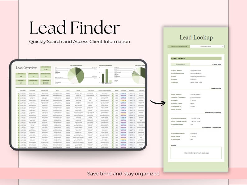 Op de afbeelding: Een digitale marketingtool, "Lead Finder", wordt weergegeven op een tablet en een apart document. De tablet toont een spreadsheet met datavisualisaties. Het document aan de rechterkant toont klantgegevens. De tekst luidt "Bespaar tijd en blijf georganiseerd."