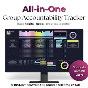 以下が含まれることがあります： グループアカウンタビリティトラッカーを表示するコンピューターモニター。画面には、グラフと進捗インジケーターによるデータ視覚化が表示されます。画面のテキストは「All-in-One Group Accountability Tracker」です。画像には「Supports upto 20 users」というテキストも含まれています。