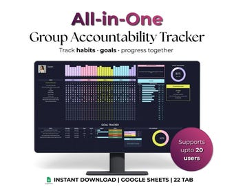 Seguimiento de responsabilidad en grupos pequeños para Hojas de cálculo de Google. Seguimiento de hábitos y objetivos para equipos, entrenadores y amigos. Seguimiento de hasta 20 usuarios. Descarga digital.