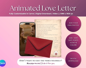 Plantilla de Canva de carta de amor animada editable: regalo romántico en video para él o ella. Nota de amor digital para aniversario, San Valentín o boda.