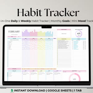 Op de afbeelding: Een laptop toont een digitale habit tracker voor februari, met secties voor dagelijkse en wekelijkse gewoonten, maandelijkse doelen en een mood tracker. Het scherm toont kleurrijke grafieken en voortgangsindicatoren. De tekst luidt "Habit Tracker" en "Instant Download | Google Sheets | 1 Tab."