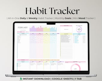 Habit Tracker Spreadsheet Google Sheets, Daily & Weekly Planner, Goal Mood Tracker Dashboard, Monthly Routine To-Do List, Digital Template