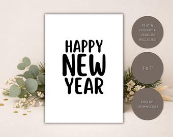 Tarjeta de Año Nuevo imprimible, diseño minimalista, 5x7, plana y plegable, sencilla, elegante, moderna, tarjeta de felicitación de Año Nuevo, descarga digital instantánea.