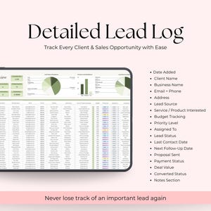 Op de afbeelding: Een digitale leadlog op een tablet, met een roze achtergrond. De log bevat velden voor klantinformatie, leadbron en follow-up data. De tekst bovenaan luidt "Detailed Lead Log". De tekst onderaan luidt "Never lose track of an important lead again."