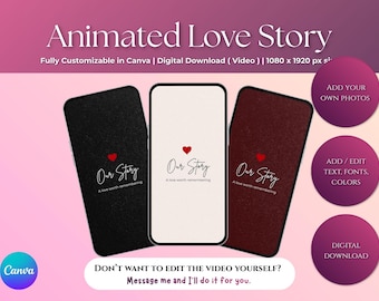 Plantilla de Canva de video de historia de amor animada editable Nuestra historia Regalos románticos de último minuto para él Su aniversario San Valentín Cumpleaños Digital