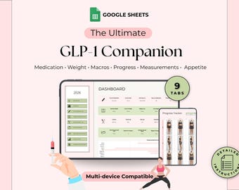Hoja de cálculo de seguimiento de GLP1 Hojas de cálculo de Google Monitor de inyección y pérdida de peso Dosis Síntomas Nutrición Macros y progreso Ozempic, Semaglutida