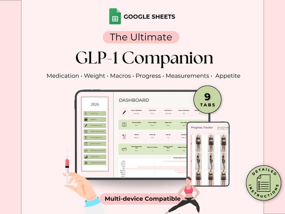 GLP1 Tracker Spreadsheet Google Sheets Injection and Weight Loss Monitor Dosage Symptoms Nutrition Macros and Progress Ozempic, Semaglutide