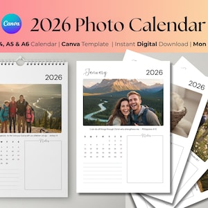Può includere: Un calendario fotografico 2026 con rilegatura a spirale bianca, con foto di famiglia e paesaggi. Il calendario include i mesi di aprile e gennaio, con spazio per le note. Il logo Canva è visibile.