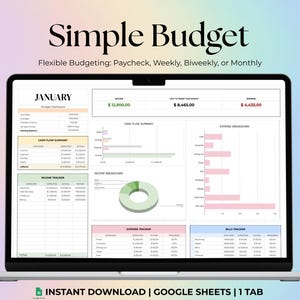 May include: A laptop screen displays a "Simple Budget" spreadsheet template. The screen shows a budget dashboard with sections for income, cash flow, and expenses. Text on the screen includes "January" and "Instant Download | Google Sheets | 1 Tab."