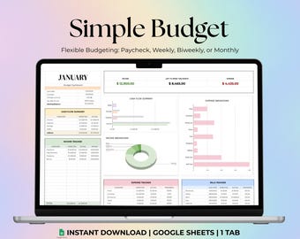 May include: A laptop screen displays a "Simple Budget" spreadsheet template. The screen shows a budget dashboard with sections for income, cash flow, and expenses. Text on the screen includes "January" and "Instant Download | Google Sheets | 1 Tab."