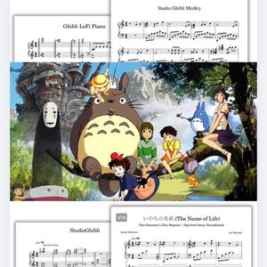 May include: Image features sheet music with the titles "Ghibli LoFi Piano" and "Studio Ghibli Medley." A colorful illustration of characters from Studio Ghibli films, including Totoro, is in the background. The sheet music includes the title "The Name of Life."