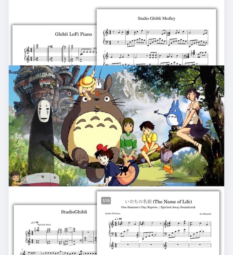 May include: Image features sheet music with the titles "Ghibli LoFi Piano" and "Studio Ghibli Medley." A colorful illustration of characters from Studio Ghibli films, including Totoro, is in the background. The sheet music includes the title "The Name of Life."