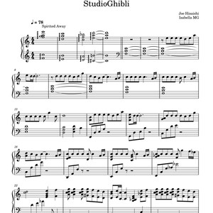 May include: Sheet music for "Spirited Away" by Joe Hisaishi, featuring the Studio Ghibli logo. The musical score is written in black on a white background, with treble and bass clefs, and various musical notations.