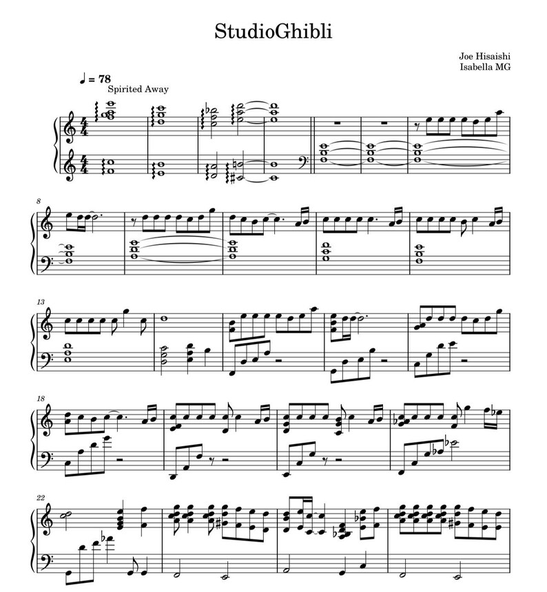 May include: Sheet music for "Spirited Away" by Joe Hisaishi, featuring the Studio Ghibli logo. The musical score is written in black on a white background, with treble and bass clefs, and various musical notations.