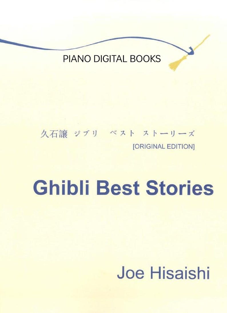 Pu&ograve; includere: Copertina di un libro con il titolo "Ghibli Best Stories" in blu. La copertina include anche il testo "PIANO DIGITAL BOOKS" e il nome "Joe Hisaishi". Lo sfondo &egrave; color crema chiaro.