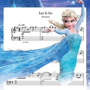 Könnte beinhalten: Eine Partitur von "Let It Go" aus dem Film Frozen, mit einem Cartoon-Bild von Elsa in einem blauen Kleid. Die Noten sind auf weißem Hintergrund mit Noten und Text. Elsa hat blondes Haar und einen fließenden blauen Umhang.