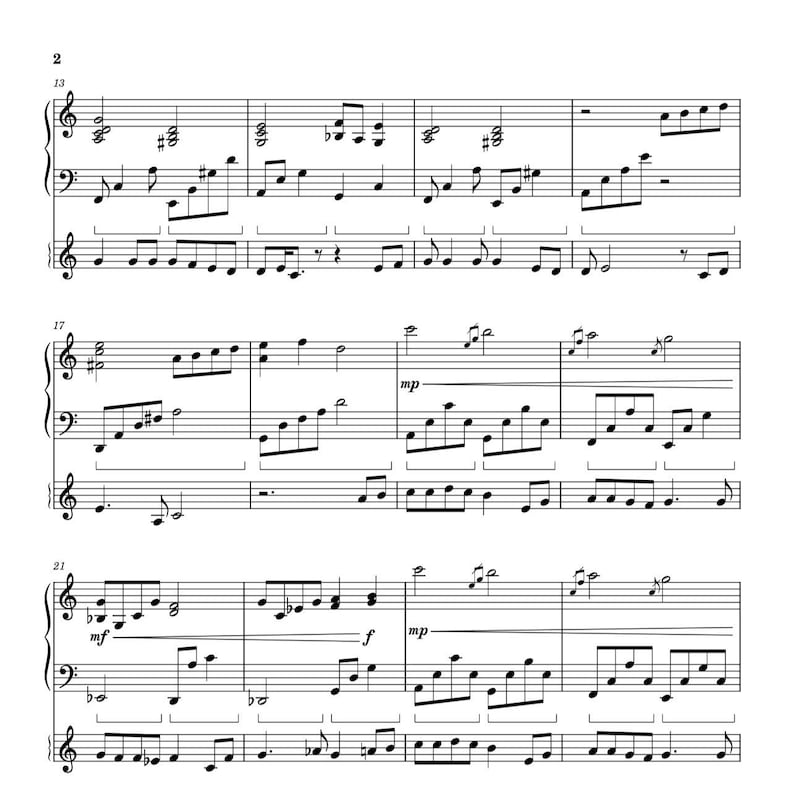 May include: Sheet music with musical notes and symbols, including treble and bass clefs. The notes are arranged in bars, with dynamic markings like "mp" and "f". The music is written in black ink on a white background.