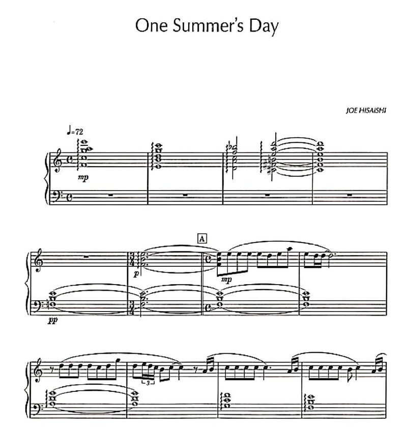Pu&ograve; includere: Spartito musicale di "One Summer's Day" di Joe Hisaishi. Lo spartito &egrave; stampato in nero su carta bianca, con chiavi di violino e di basso, note e simboli musicali. L'indicazione del tempo &egrave; J=72.