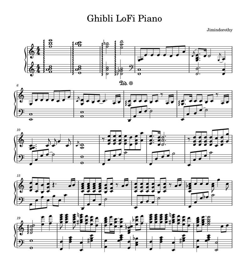 May include: Sheet music for "Ghibli LoFi Piano" with musical notes and symbols. The title is at the top, with the composer's name below. The music is written in black ink on a white background.