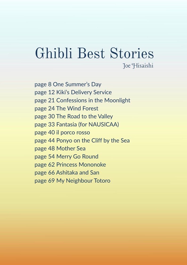 Pu&ograve; includere: Un elenco di Ghibli Best Stories, con il titolo e l'autore Joe Hisaishi in alto. L'elenco include titoli come "Kiki - Consegne a domicilio" e "Il mio vicino Totoro" su uno sfondo sfumato.