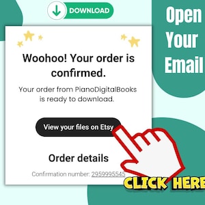 Pu&ograve; includere: Uno schermo di conferma digitale con il testo "Woohoo! Il tuo ordine &egrave; confermato." e "Il tuo ordine da PianoDigitalBooks &egrave; pronto per il download." Una grafica a mano rossa punta a un pulsante "CLICCA QUI". Un pulsante verde "SCARICA" &egrave; in alto.