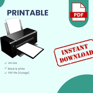 Pu&ograve; includere: Una stampante in bianco e nero con la parola "PRINTABLE" sopra. L'immagine include un'icona PDF e un timbro rosso con la scritta "INSTANT DOWNLOAD". Il testo aggiuntivo indica formato A4, bianco e nero e un file PDF di 4 pagine.