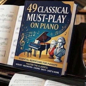 Könnte beinhalten: Ein Musikbuch mit dem Titel 49 Classical Must-Play on Piano mit einem dunkelblauen und goldenen Einband, der einen Flügel, Noten und zwei Komponistenbüsten zeigt. Der Text enthält Essential Repertoire for Pianists und Master the Classics.