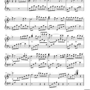 May include: A sheet of musical notation with treble and bass clefs. The notes are black on a white background, with various musical symbols and letters indicating key signatures and dynamics. The score is for piano.