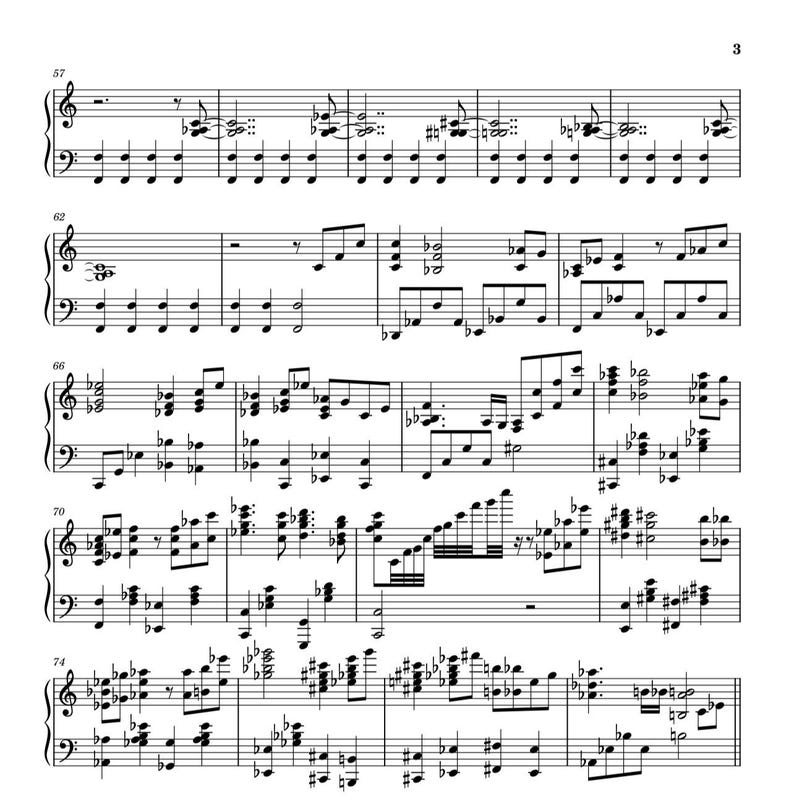 May include: Sheet music with musical notes and symbols, including treble and bass clefs. The notes are black on a white background, with various note durations and rests. The image is a close-up of a musical score, likely for piano or a similar instrument.